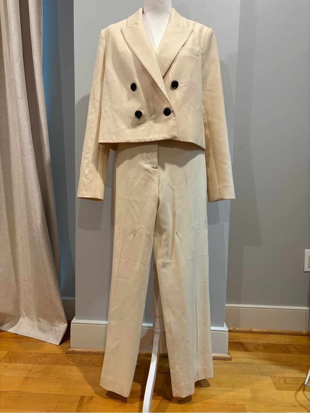 Argent Cropped Double-Breasted Cream Blazer & Wide-Leg Pants Set